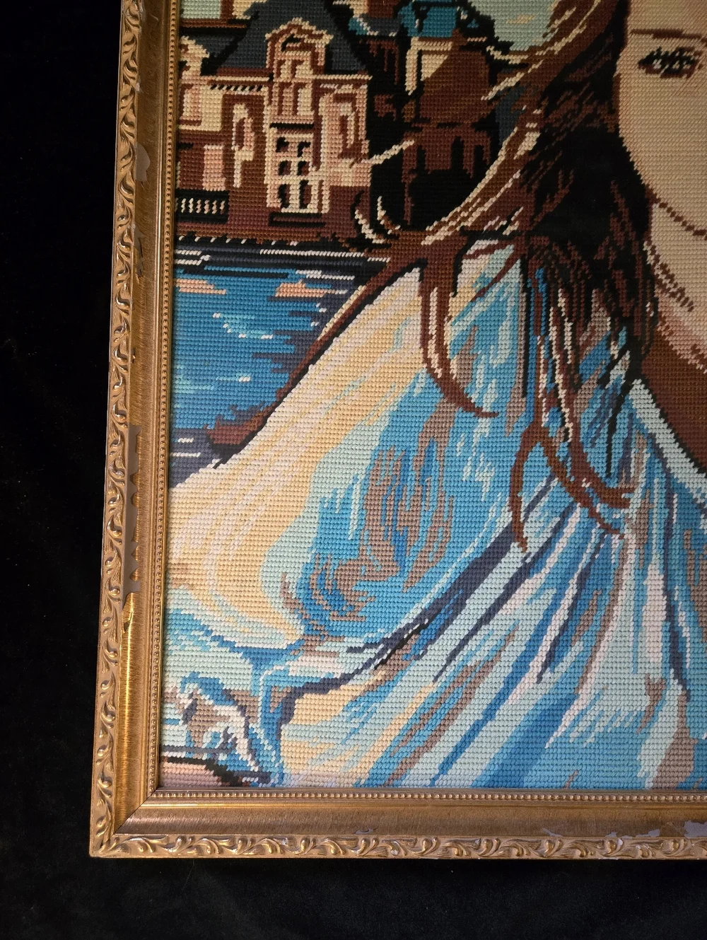 Vintage Needlepoint Portrait Framed Art Romantic Estate Scene - Picture 5 of 7